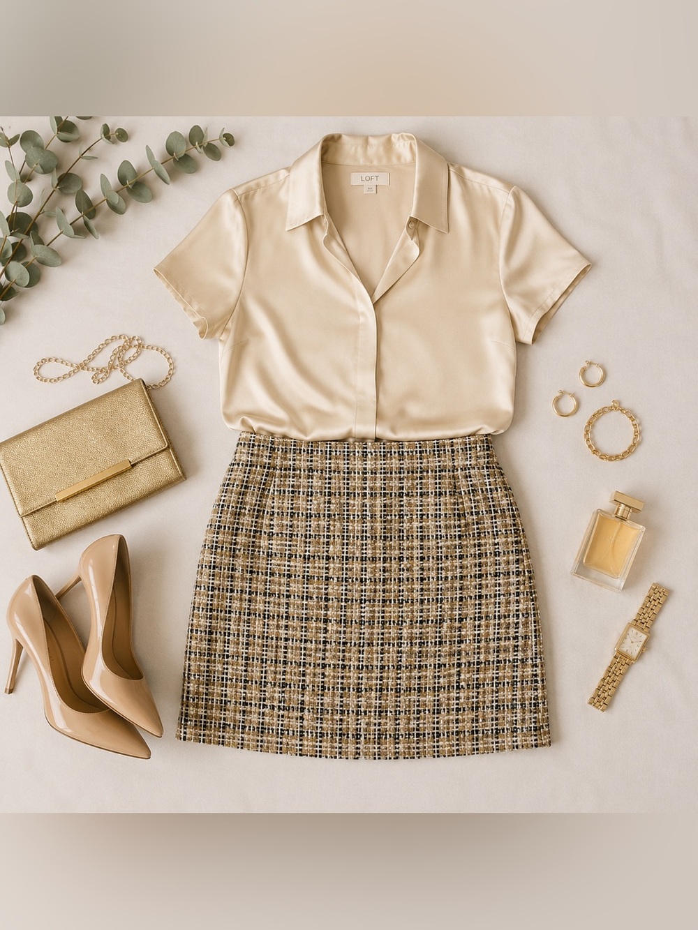 LOFT Tweed Mini Skirt Neutral Bouclé Gold Metallic Shimmer Career Cocktail Sz 6 - Picture 5 of 10